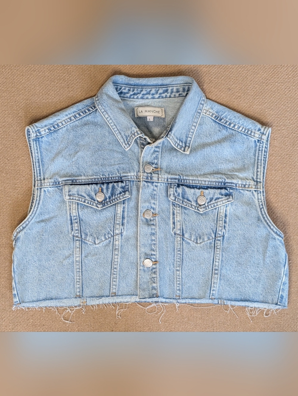 La Manche Light Blue Distressed Cropped Cotton Denim Vest